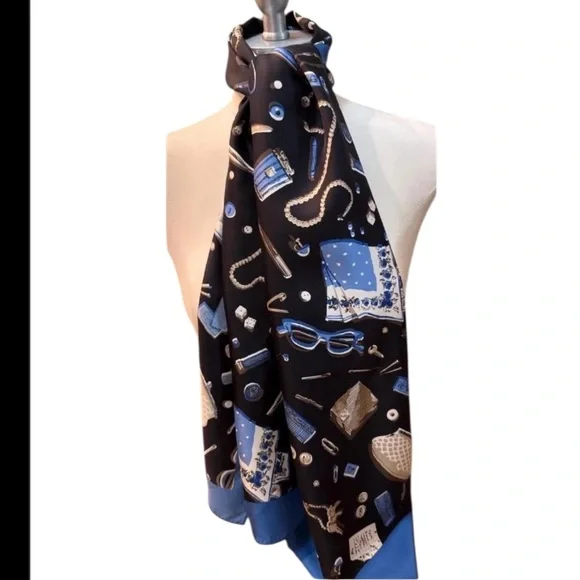 TALBOTS silk novelty print scarf Black Tan Blue Long Rectangle 14”x60” Retro